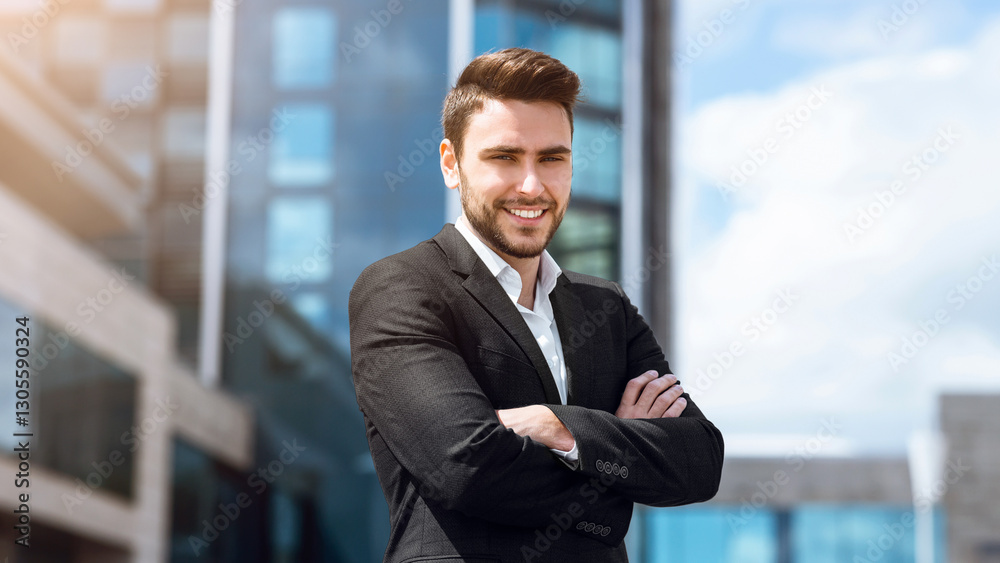 Handsome smiling businessman with crossed arms standing in front of office building Handsome smiling businessman with crossed arms standing in front of office building
