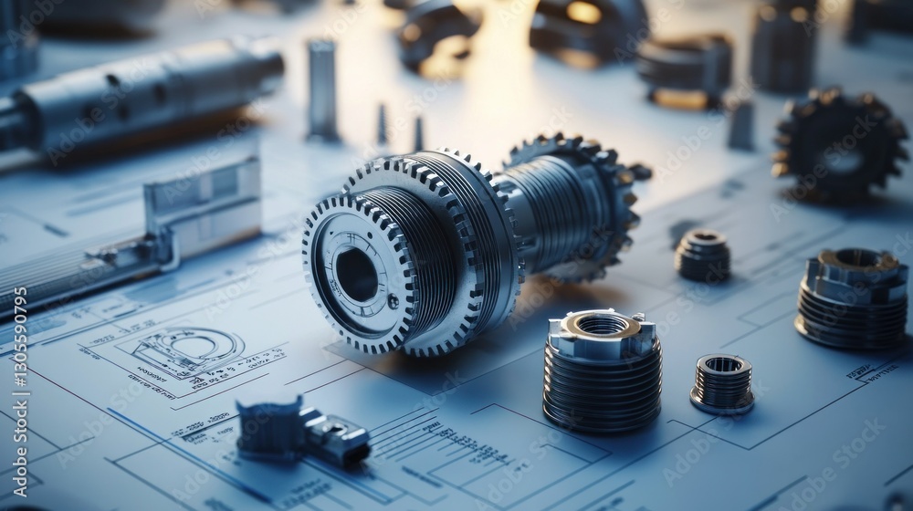 Detailed shot of several engineering parts on a blueprint table Detailed shot of several engineering parts on a blueprint table