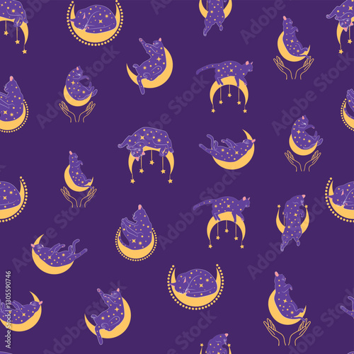 Mystical seamless pattern of cats in boho style, silhouette collection. Esotericism and mysticism, occultism. Cartoon flat vector illustrations, isolated