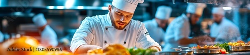 Chef Focused on Culinary Creation in a Bustling Restaurant Kitchen. Generative AI photo