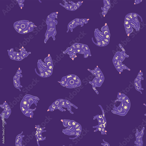 Mystical seamless pattern of cats in boho style, silhouette collection. Esotericism and mysticism, occultism. Cartoon flat vector illustrations, isolated