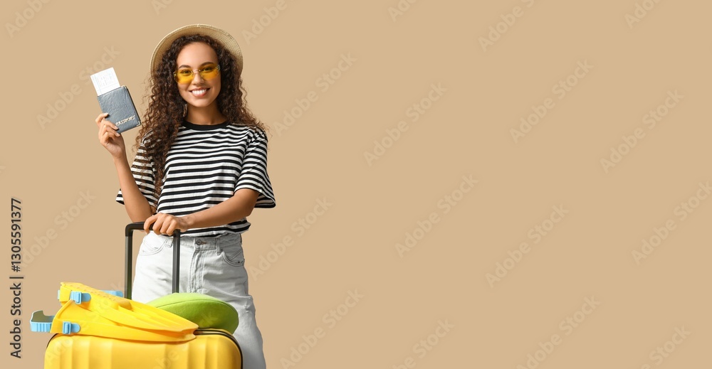 Φωτογραφία Young African-American woman with luggage, passport and ticket on beige background with space for text