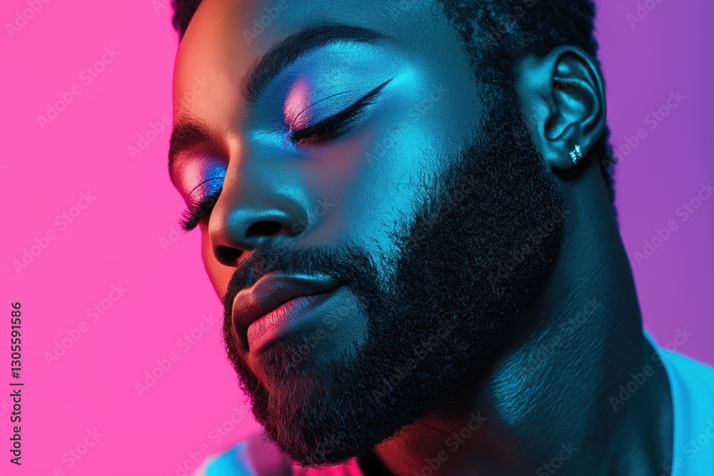A man with a beard and dark hair is wearing makeup and looking at the camera. The image has a vibrant and colorful feel to it, with the man's face being the main focus A man with a beard and dark hair is wearing makeup and looking at the camera. The image has a vibrant and colorful feel to it, with the man's face being the main focus