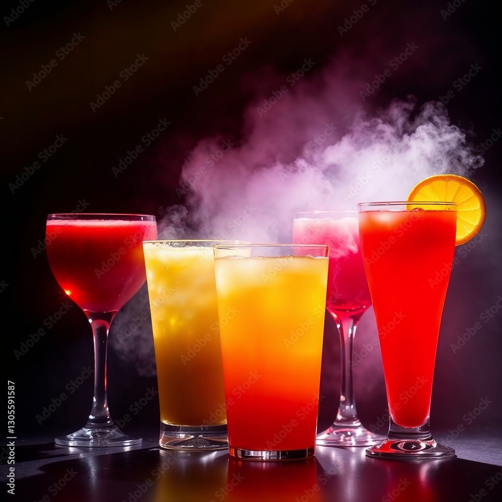 Assorted fruit juices in glasses with dramatic lighting and smoke
