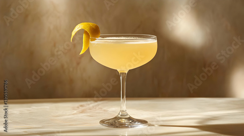Elegant citrus-infused cocktail with a lemon twist, presented against a light champagne-toned background