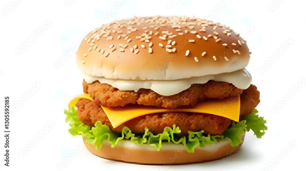 Professional studio photography of a fried chicken burger, with melted cheese and mayo sauce and orange sauce, Isolate On Transparent Background Professional studio photography of a fried chicken burger, with melted cheese and mayo sauce and orange sauce, Isolate On Transparent Background
