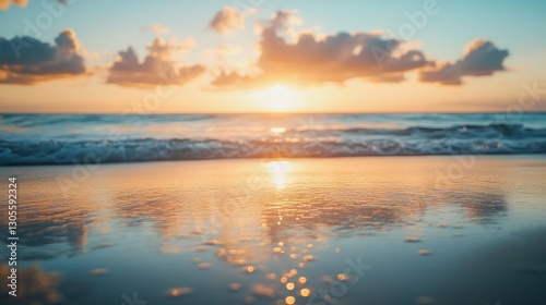 Ocean waves gently break onto the sandy beach during sunset hour
