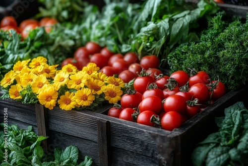 Fresh garden herbs. Organic vegetable garden in a wooden box. Garden to table concept