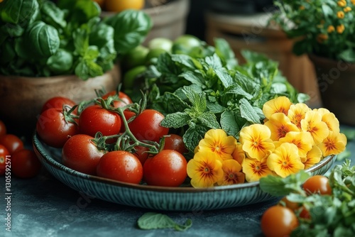 Fresh garden herbs. Organic vegetable garden in a wooden box. Garden to table concept