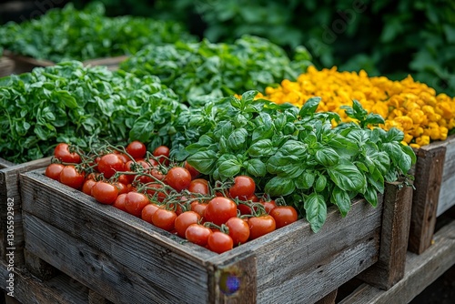 Fresh garden herbs. Organic vegetable garden in a wooden box. Garden to table concept