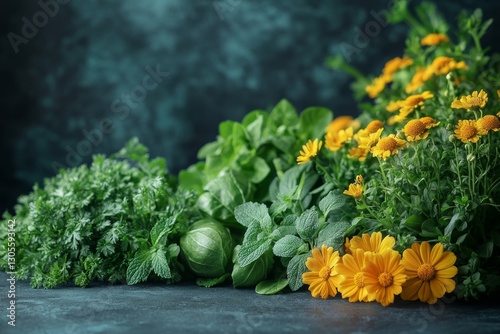 Organic vegetable garden in a wooden box. Fresh garden herbs.