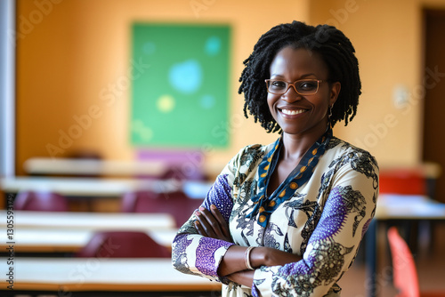 Profesora afro americana en posición de brazos cruzados frente al aula