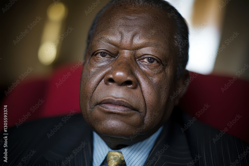 An elderly man with a serious expression sits in a plush chair, dressed in a dark suit and tie. Soft light illuminates the cozy environment, highlighting his contemplative demeanor An elderly man with a serious expression sits in a plush chair, dressed in a dark suit and tie. Soft light illuminates the cozy environment, highlighting his contemplative demeanor