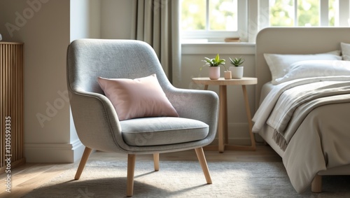 Modern armchair in bedroom interior design, cozy home decor, soft cushion, light gray fabric, w
