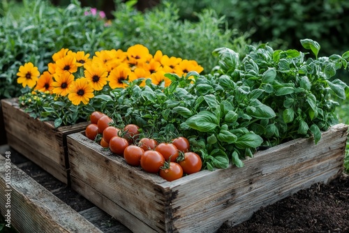 Fresh garden herbs. Organic vegetable garden in a wooden box. Garden to table concept