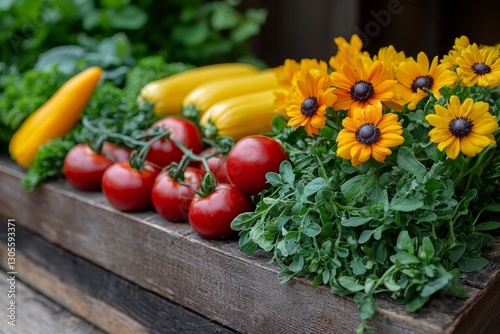 Fresh garden herbs. Organic vegetable garden in a wooden box. Garden to table concept