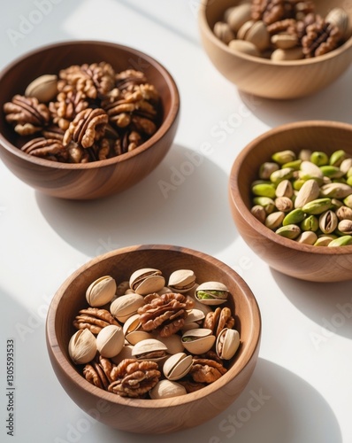 Four wooden bowls filled with various nuts including walnuts and pistachios offer a healthy and delicious snack. photo