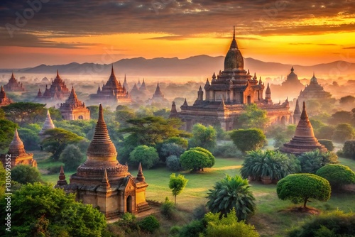 Majestic Bagan Temples at Sunrise, Myanmar - Ancient Buddhist Pagodas and Landscape