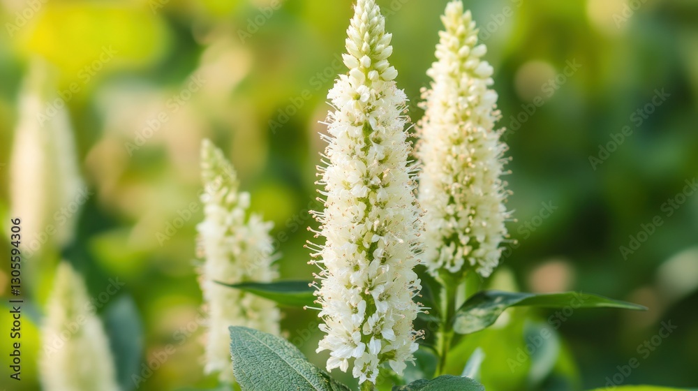 Delicate White Flower Spikes Growing Amidst Lush Green Foliage Delicate White Flower Spikes Growing Amidst Lush Green Foliage
