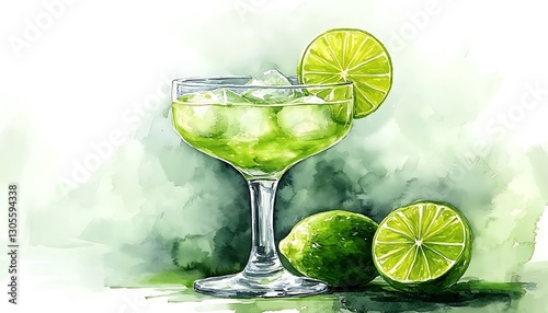 Icy Lime Cocktail Watercolor Painting