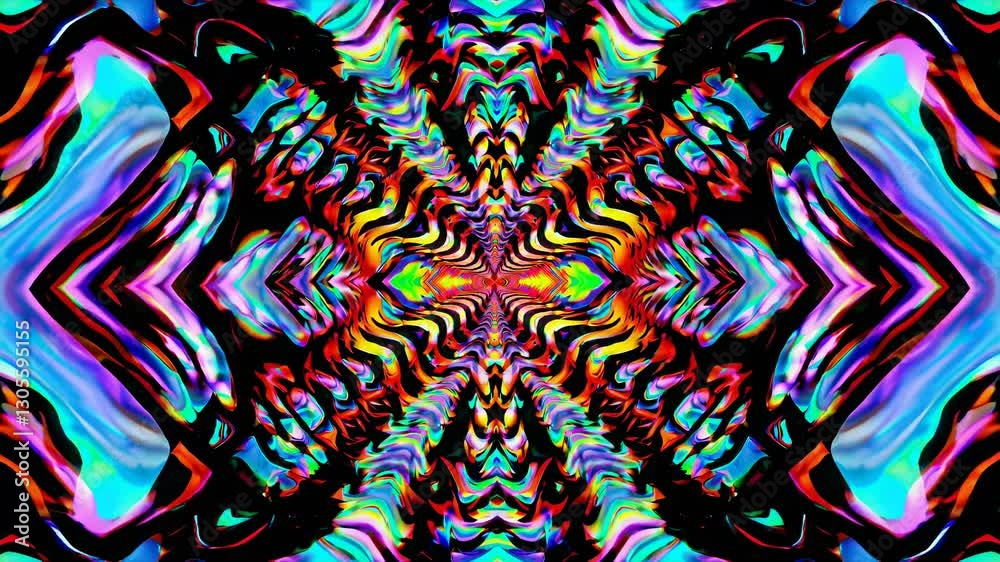 Psychedelic video concept with vibrant, wavy lines in rainbow colors. Central focus, creating a tunnel effect from a straight-on camera angle.