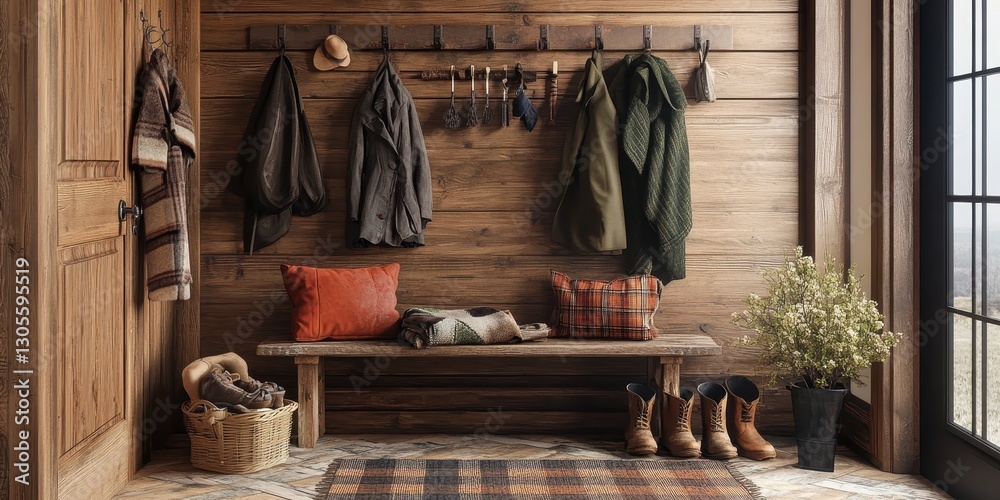 A rustic entryway features wood paneling with coat and boot storage A rustic entryway features wood paneling with coat and boot storage