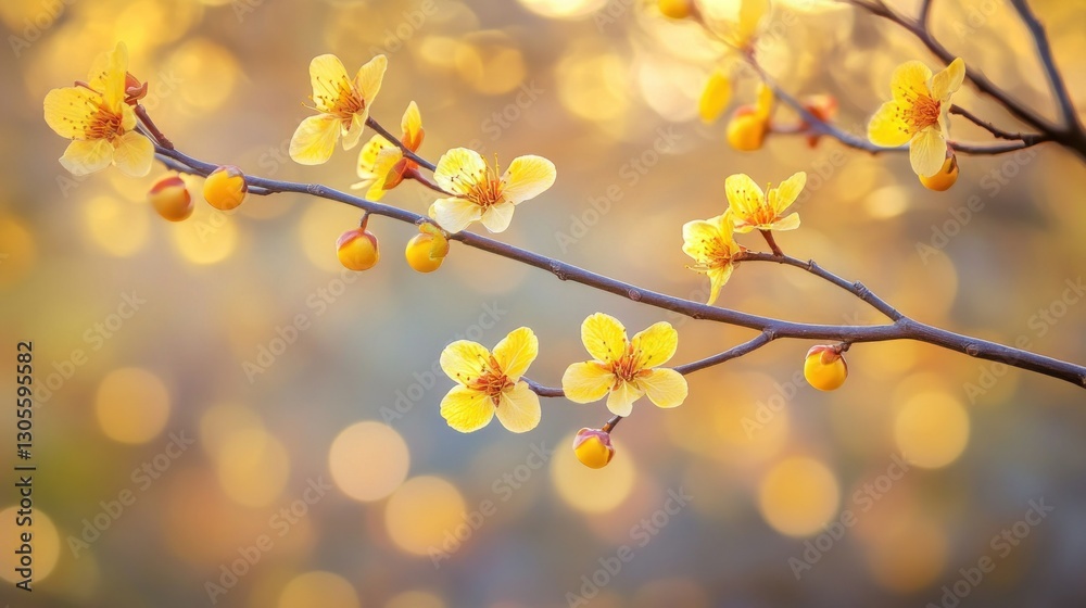 Yellow Blooming Flowers and Buds on Branch Against Bokeh Background Yellow Blooming Flowers and Buds on Branch Against Bokeh Background