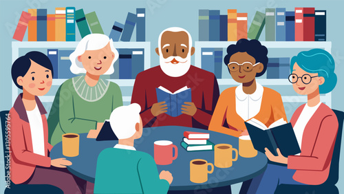 The quiet and quaint bookshop transforms into a lively hub of discussion as a group of seniors gather to share their thoughts on the characters and plot twists of their current. Vector illustration