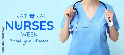 Female medical worker on light blue background. Banner for National Nurses Week photo