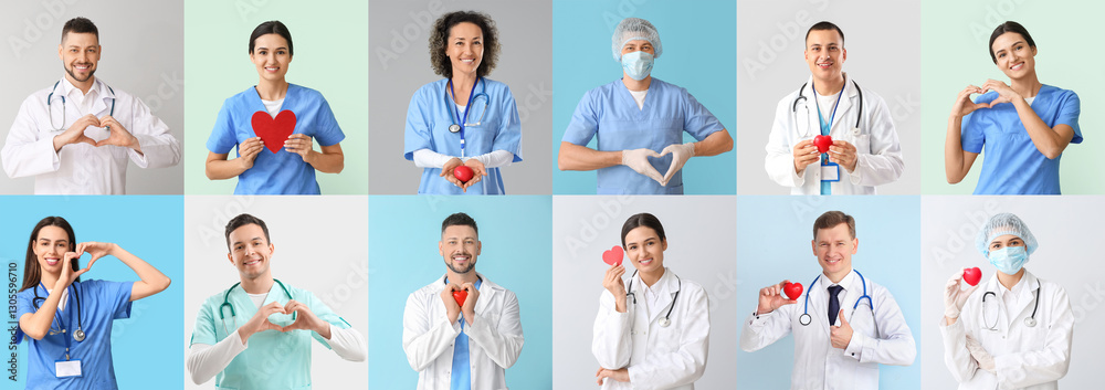 Collage of cardiologists on color background Collage of cardiologists on color background