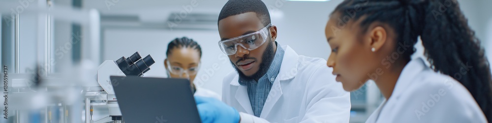 A group of scientists are working together in a lab, with one of them looking at a laptop A group of scientists are working together in a lab, with one of them looking at a laptop