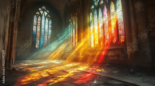 Sunlight streams through colorful stained glass windows in an abandoned gothic church revealing past beauty and tranquility in the dust-filled atmosphere during late afternoon