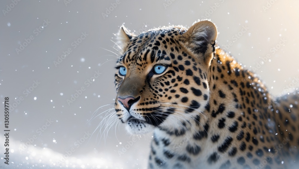 Fototapeta premium Beautiful leopard with blue eyes looking into the distance during a snowfall.