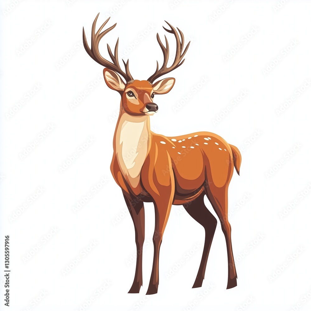 Obraz premium Vector Illustration of a Single Red Deer with Antlers Against a Clean White Background