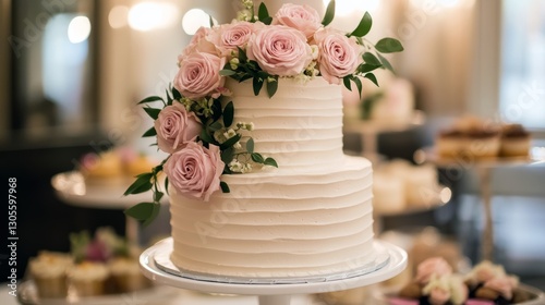 Wallpaper Mural Elegant two-tier white frosted cake with pink roses and greenery. Torontodigital.ca