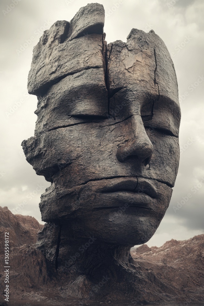 Fototapeta premium Surreal Stone Face with Cracks in Desert Landscape