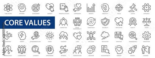 Core values line icons set. Goals, love, responsibility, passion, integrity, customers, commitment, diversity, quality icons and more signs. Thin line icon collection.