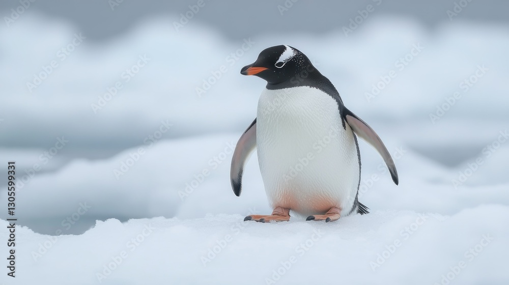 Naklejka premium A Gentoo penguin stands on ice looking leftward at its surroundings