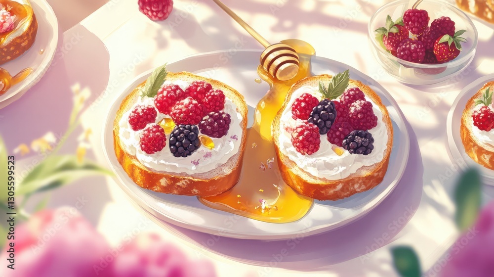 A playful and colorful scene featuring a plate filled with slices of farm-fresh bread topped with organic cream cheese, fresh berries, and honey from a local apiary. A playful and colorful scene featuring a plate filled with slices of farm-fresh bread topped with organic cream cheese, fresh berries, and honey from a local apiary.