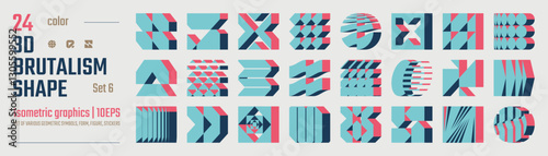3d Color postmodern abstract geometric graphic elements, Brutalist vector shapes, Refraction and distortion glass effect various form, isometric trendy design symbols in Y2K aesthetics set 6