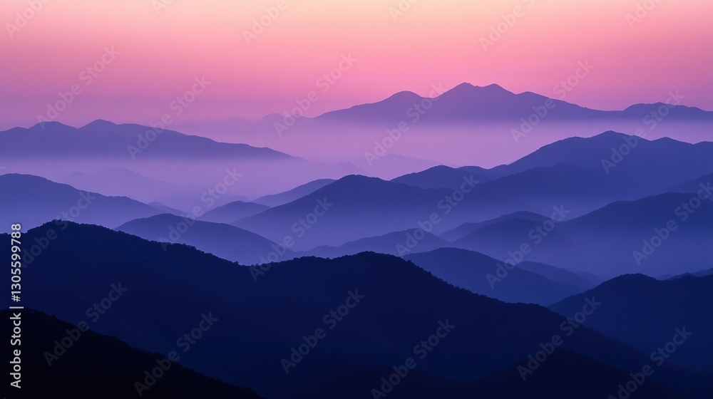 Silhouetted mountain ranges at sunset with a pink and purple sky Silhouetted mountain ranges at sunset with a pink and purple sky