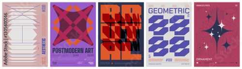Set modernism art colorful trendy posters, artwork in minimalism and brutalism style, abstract geometric A4 rave postmodern composition, vector simple shapes print graphic in Y2K aesthetics, set 16