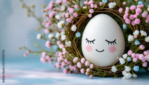 happy Easter egg with cute faces in floral wreath crowns on brown burlap background. Easter eggs with flowers and sleepy eyes in flowers. Happy Easter concept