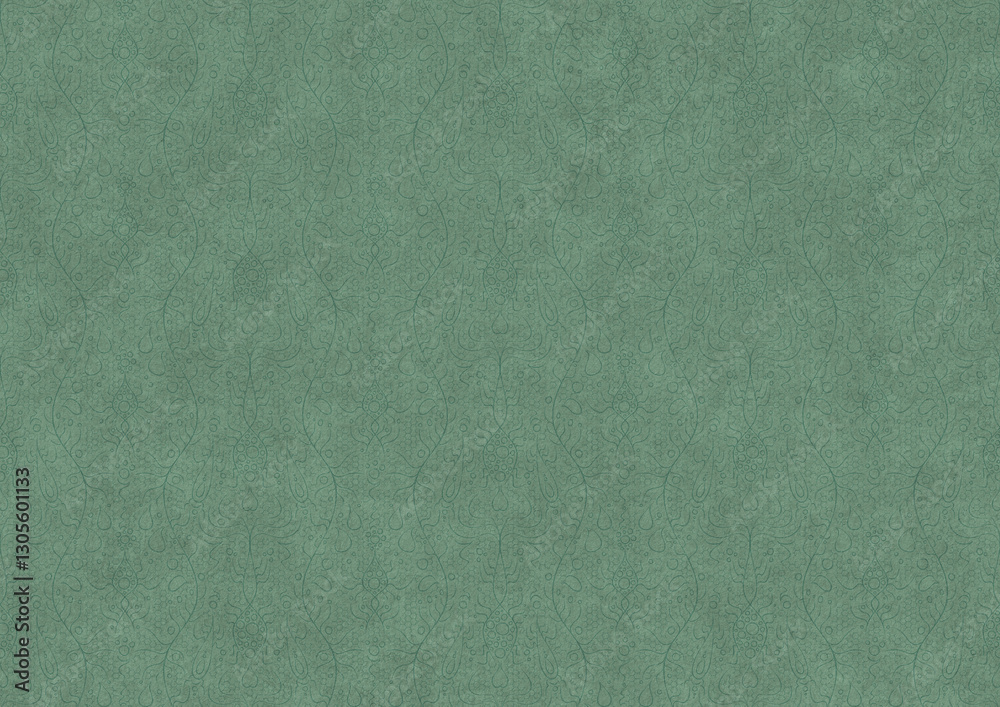 Fototapeta premium Hand-drawn unique abstract symmetrical seamless ornament. Dark semi transparent green on a light cold green background color. Paper texture. A4. (pattern: p13-2c)