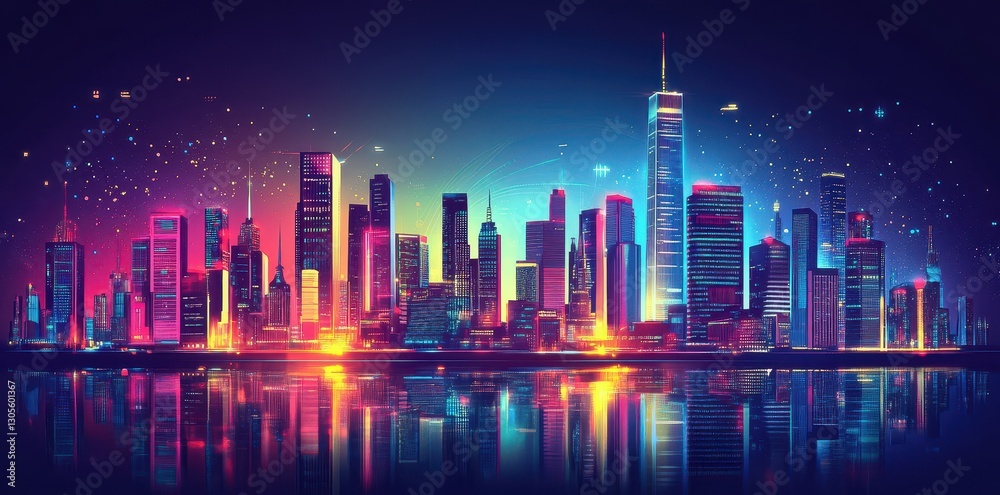 Illuminated futuristic city skyline reflected on water below a dark sky Illuminated futuristic city skyline reflected on water below a dark sky