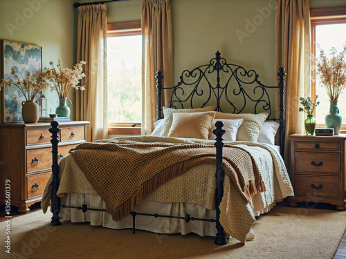 Cozy bedroom with iron bed and wooden furniture