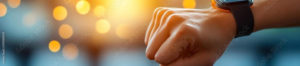 Fototapeta premium Close-up of a person wearing a smartwatch and making a fist surrounded by bokeh lighting and a tech-inspired atmosphere. Generative AI