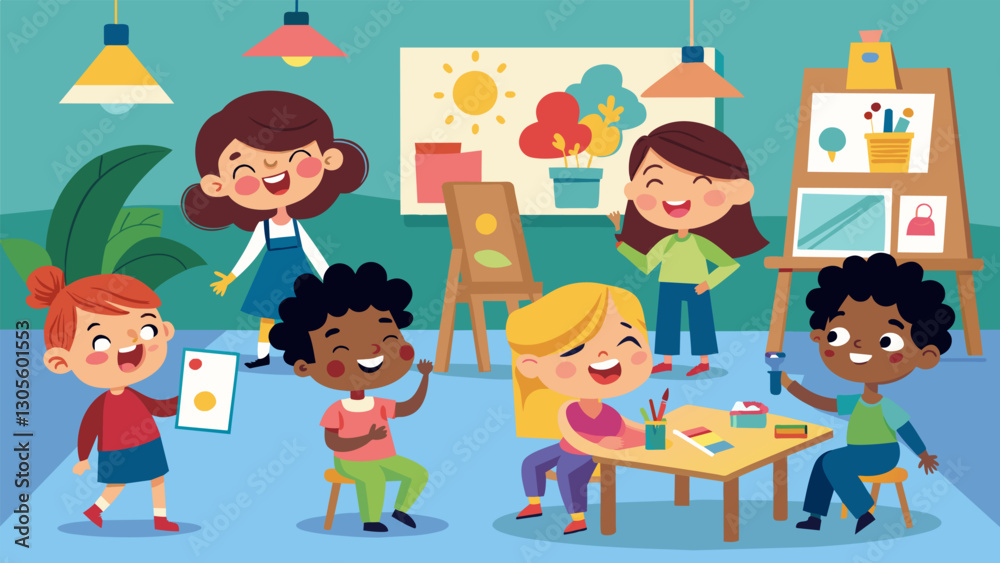 The sound of chatter and laughter filling the art room as the children share their progress with one another.. Vector illustration The sound of chatter and laughter filling the art room as the children share their progress with one another.. Vector illustration