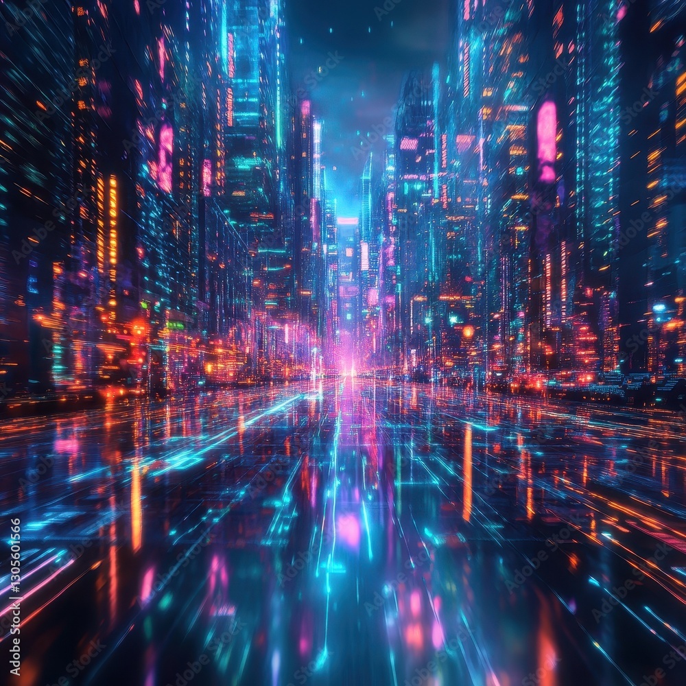 Obraz premium A futuristic city alleyway glows with vibrant electric light reflections