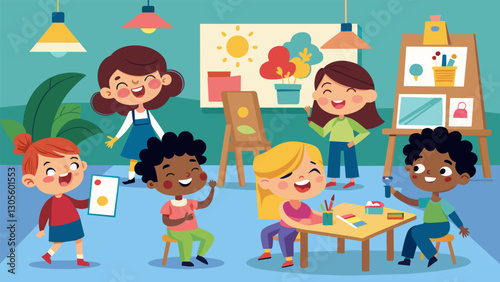 The sound of chatter and laughter filling the art room as the children share their progress with one another.. Vector illustration